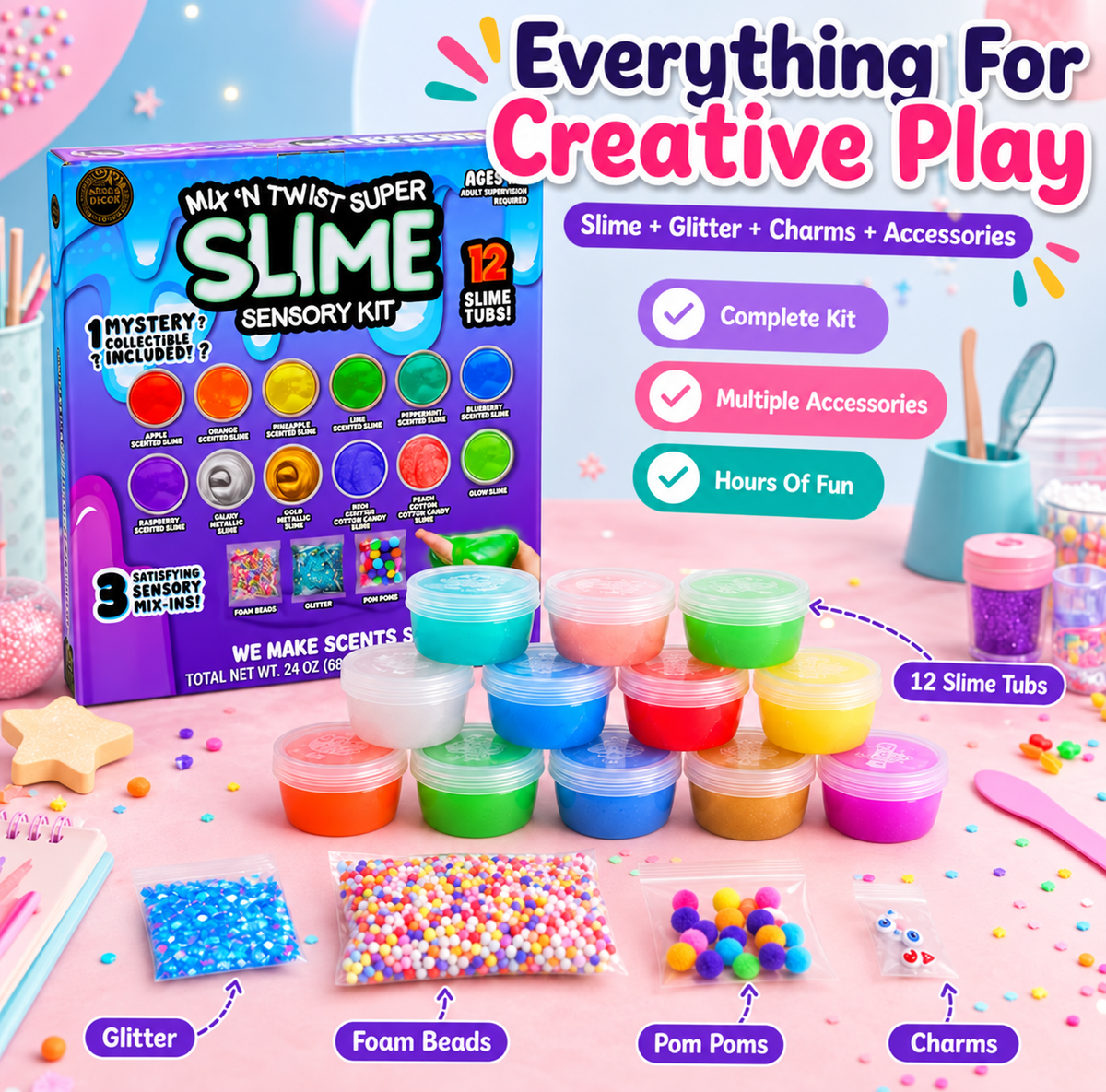 12 Tubs Slime Kit Glow In Dark