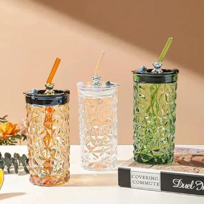 1377- Bear Shape Drink Glass Cup with Straw Creative Cute Juice Drinking Transparent Cup Tumbler 350Ml