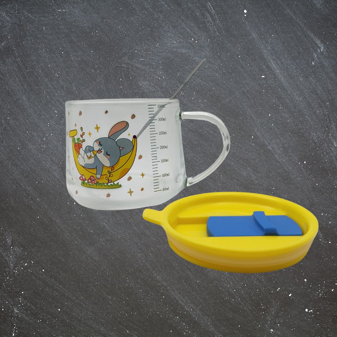 1213- Milk Mug with Silicone Straw Lid and Spoon Cartoon Printed Glass with Scale for Kids Boys