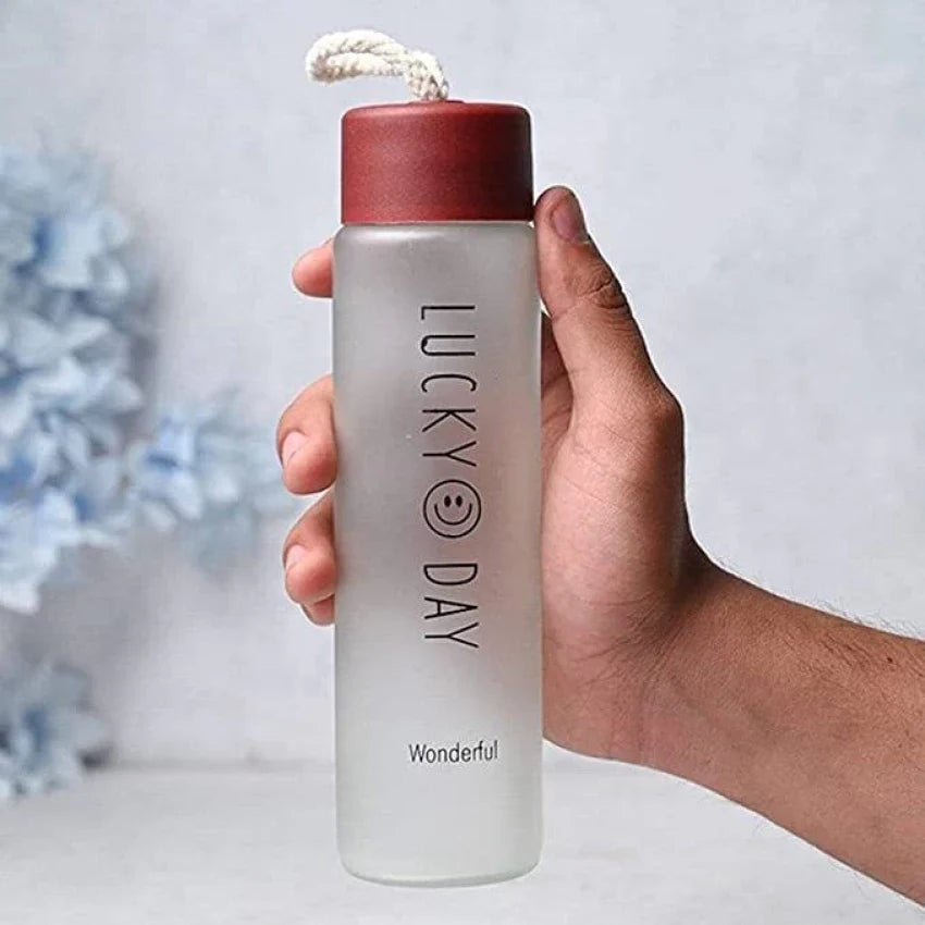 1376- Lucky Day Glass Water Bottle 350 ML For Summer (Clear & Matte Finish)