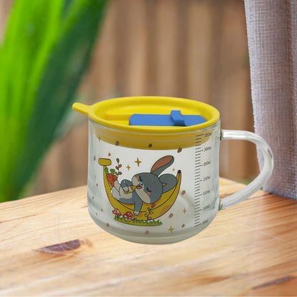 1213- Milk Mug with Silicone Straw Lid and Spoon Cartoon Printed Glass with Scale for Kids Boys