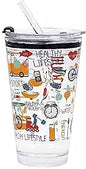 1212- Printed Tumbler Glass Water Cup Milk Cup Leakage-Proof Random Print Mug with Handle Scale Silicone Straw