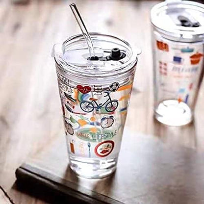 1212- Printed Tumbler Glass Water Cup Milk Cup Leakage-Proof Random Print Mug with Handle Scale Silicone Straw