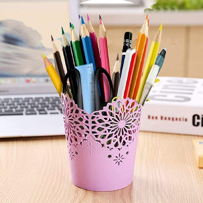 1310- Plastic Hollow Flower Basket Bucket Pen Stand Makeup Brushes Cutlery Holder