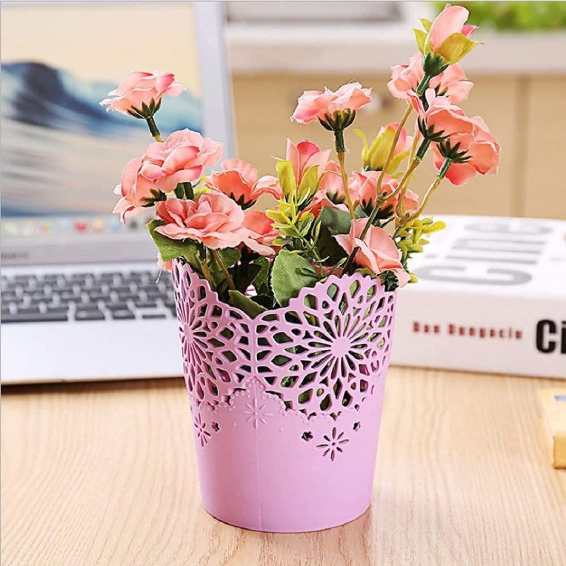 1310- Plastic Hollow Flower Basket Bucket Pen Stand Makeup Brushes Cutlery Holder