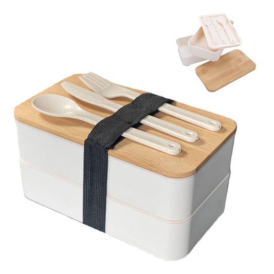 1635- layer lunch box wooden lid with 3 pcs cutlery