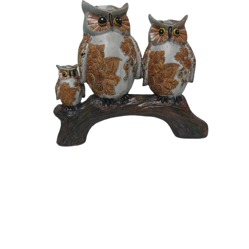 1188- Set of 3 Owl Family Resin Figurine Sitting On Tree Branch Showpiece