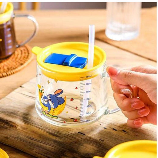 1213- Milk Mug with Silicone Straw Lid and Spoon Cartoon Printed Glass with Scale for Kids Boys